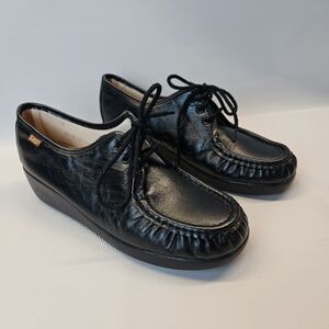 SAS Bounce Moccasin Shoes Lace Up Wedge Womens Black Leather Casual 8.6 Wide